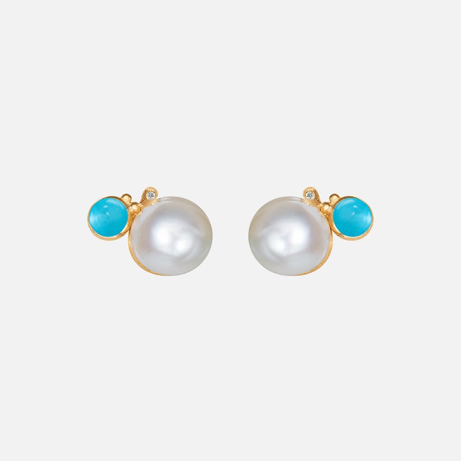BoHo stud earrings large 18k gold with freshwater pearls, turquoise and diamonds