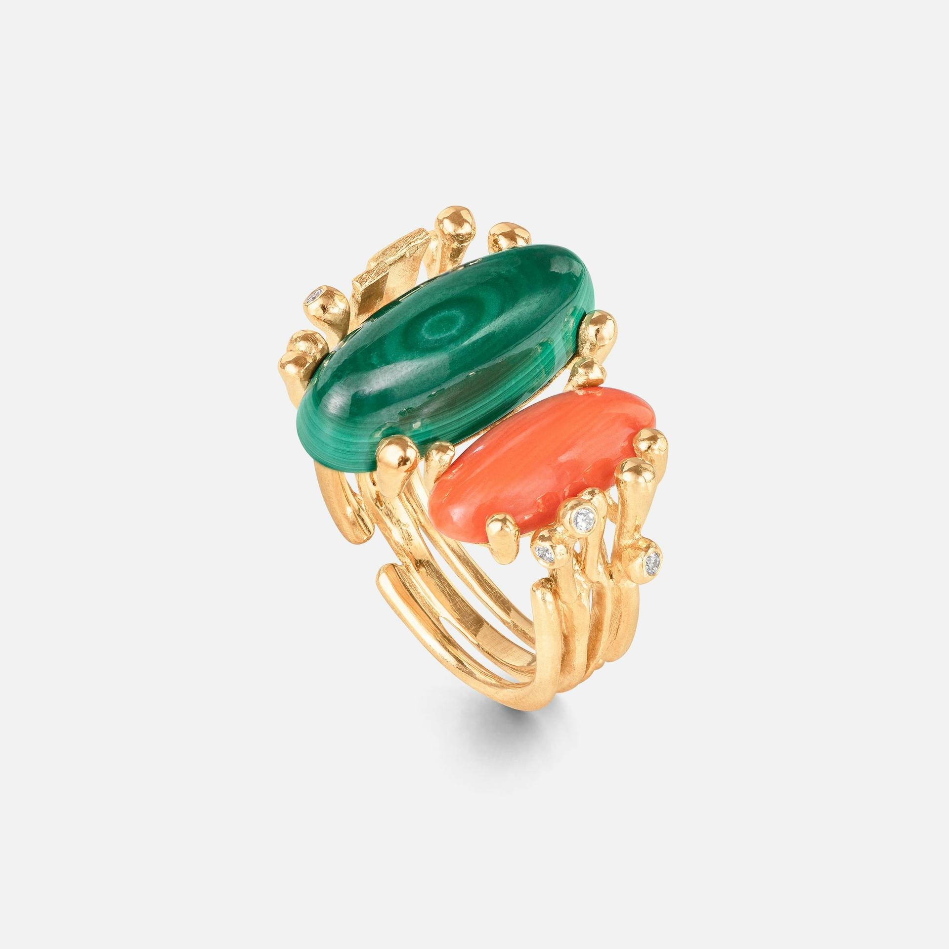 BoHo Ring Double in Gold with Malachite, Coral, and Diamonds | Ole Lynggaard Copenhagen