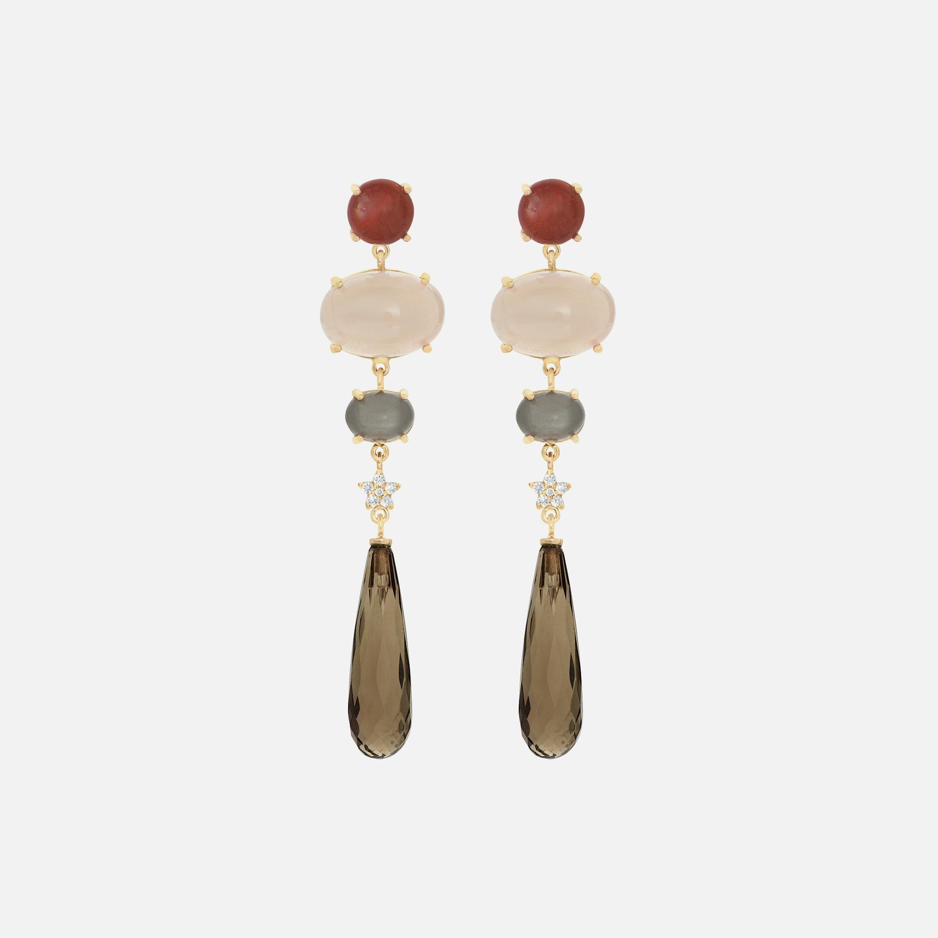 Lotus Earrings in Gold with Diamonds, Carnelian, Moonstone & Smoky Quartz Drops  |  Ole Lynggaard Copenhagen 