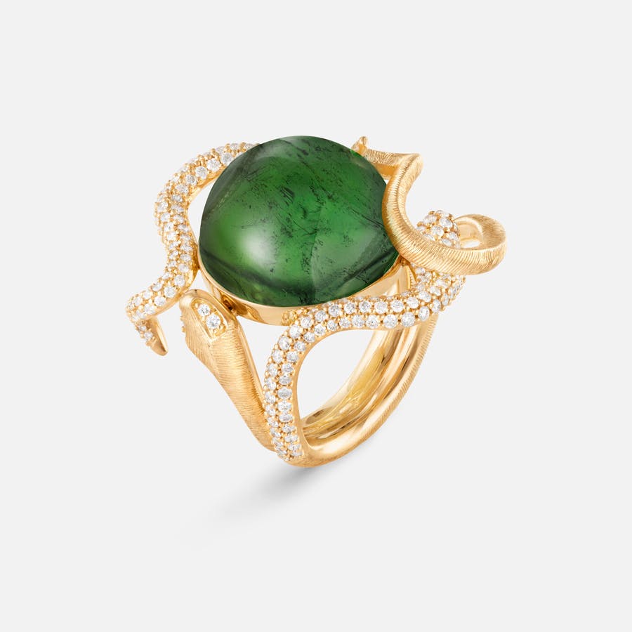 Snakes ring i 18k guld med grøn-blå turmalin og diamanter | Ole Lynggaard Copenhagen