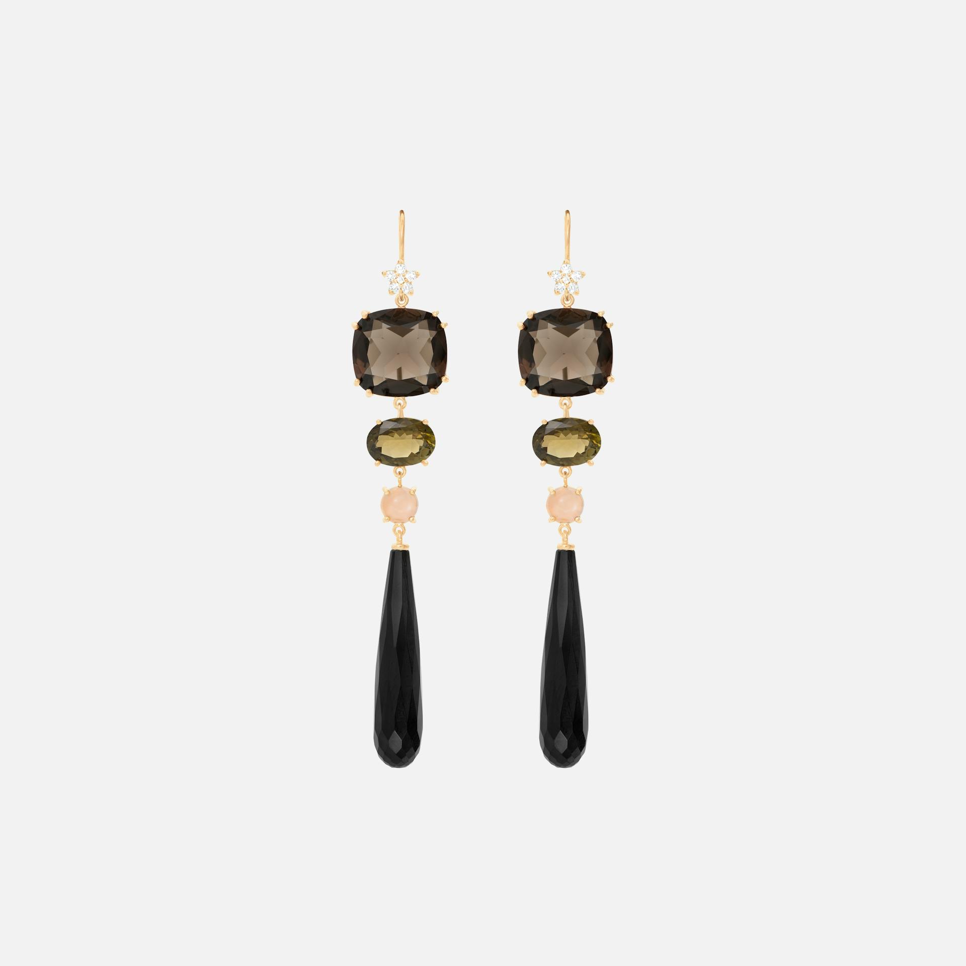 Lotus Earrings in Gold with Diamonds, Smoky Quartz, Tourmaline, Moonstone & Facetted Onyx Drops