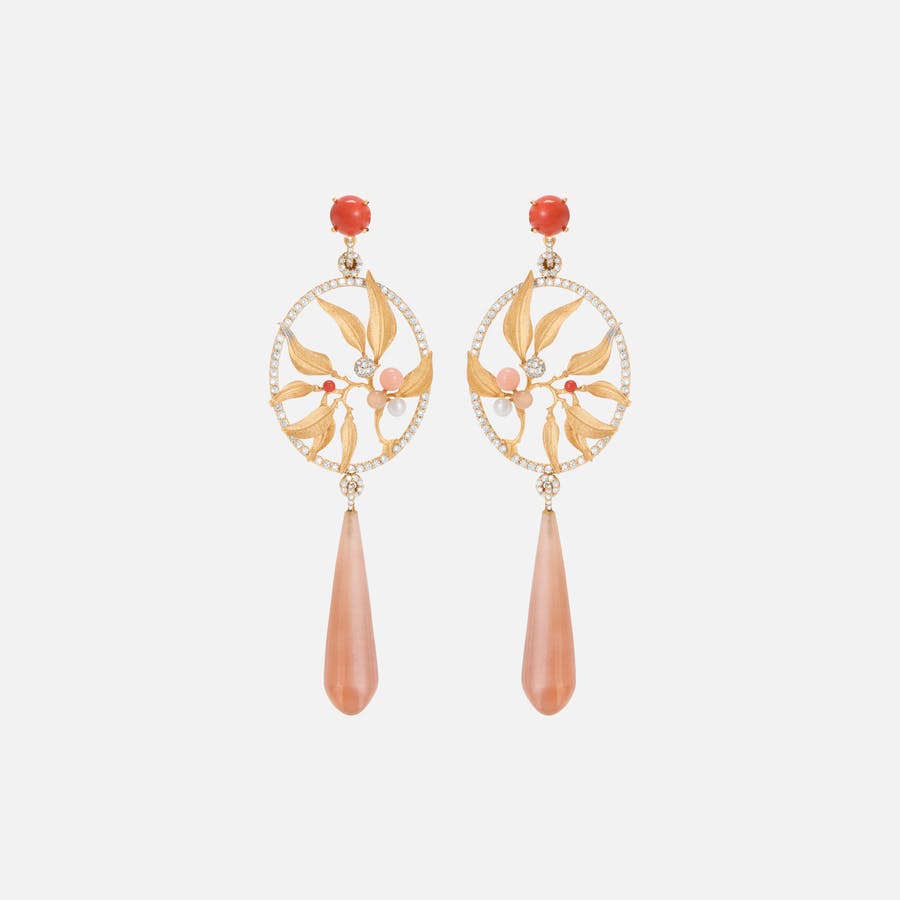 Dreamcatcher Earrings in Gold with Diamonds, Pearls, Moonstone & Coral by Charlotte Lynggaard