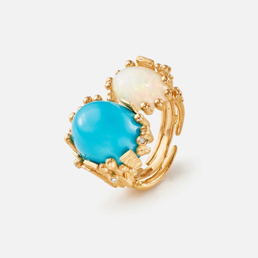 BoHo ring dobbelt i guld med turkis, blå opal og diamanter | Ole Lynggaard Copenhagen