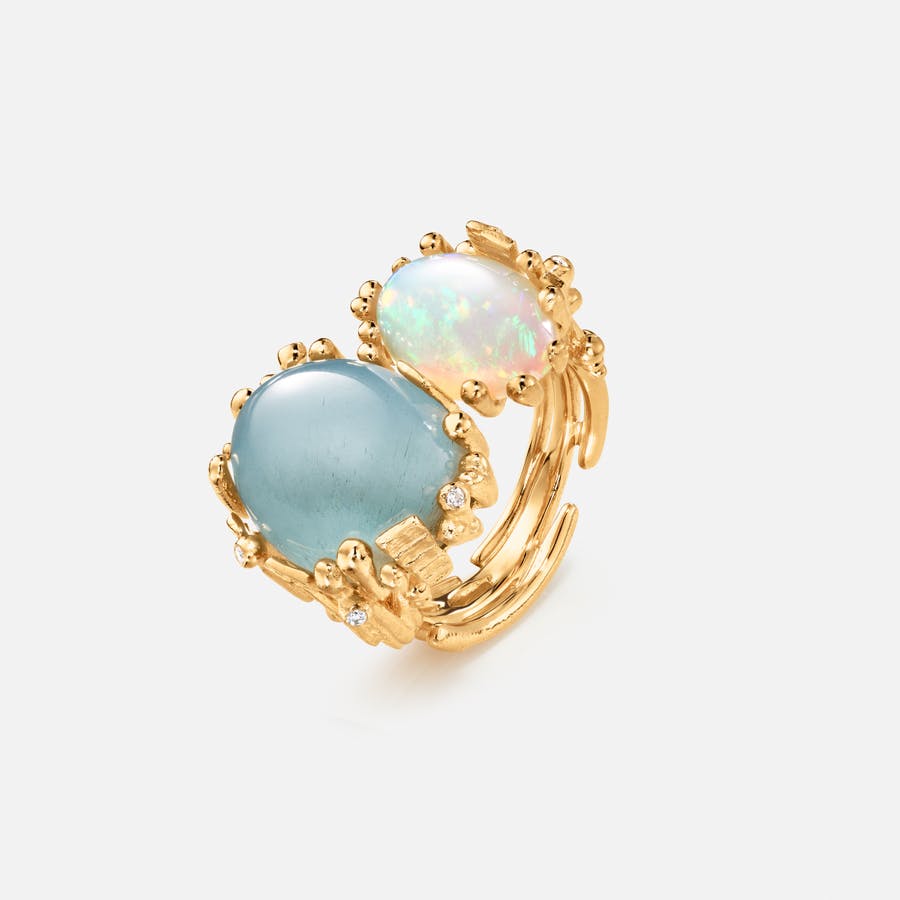 BoHo Ring Double in Gold with Aquamarine, Opal, and Diamonds | Ole Lynggaard Copenhagen
