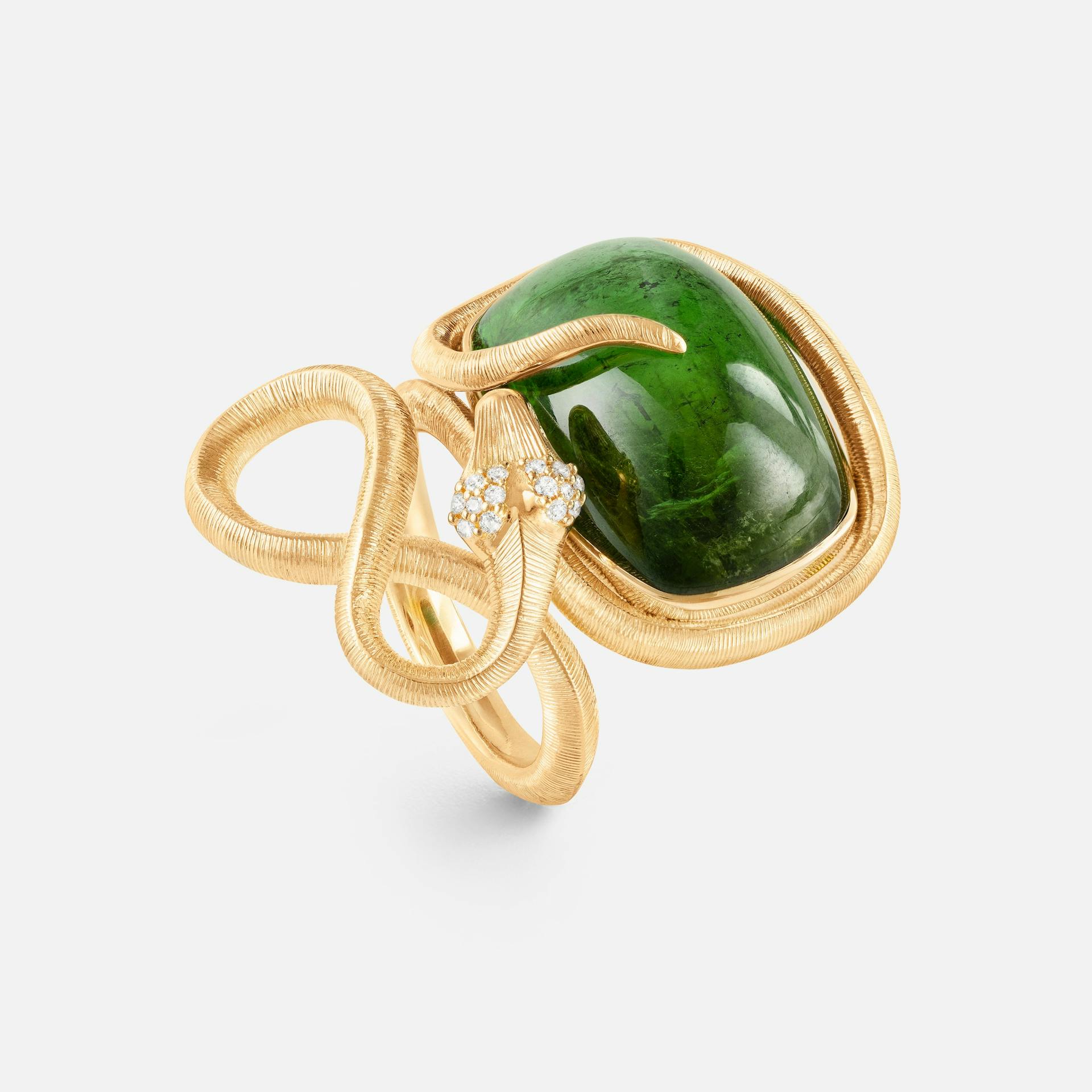 Snakes ring 18k gold with green tourmaline and diamonds 0.08 ct. TW