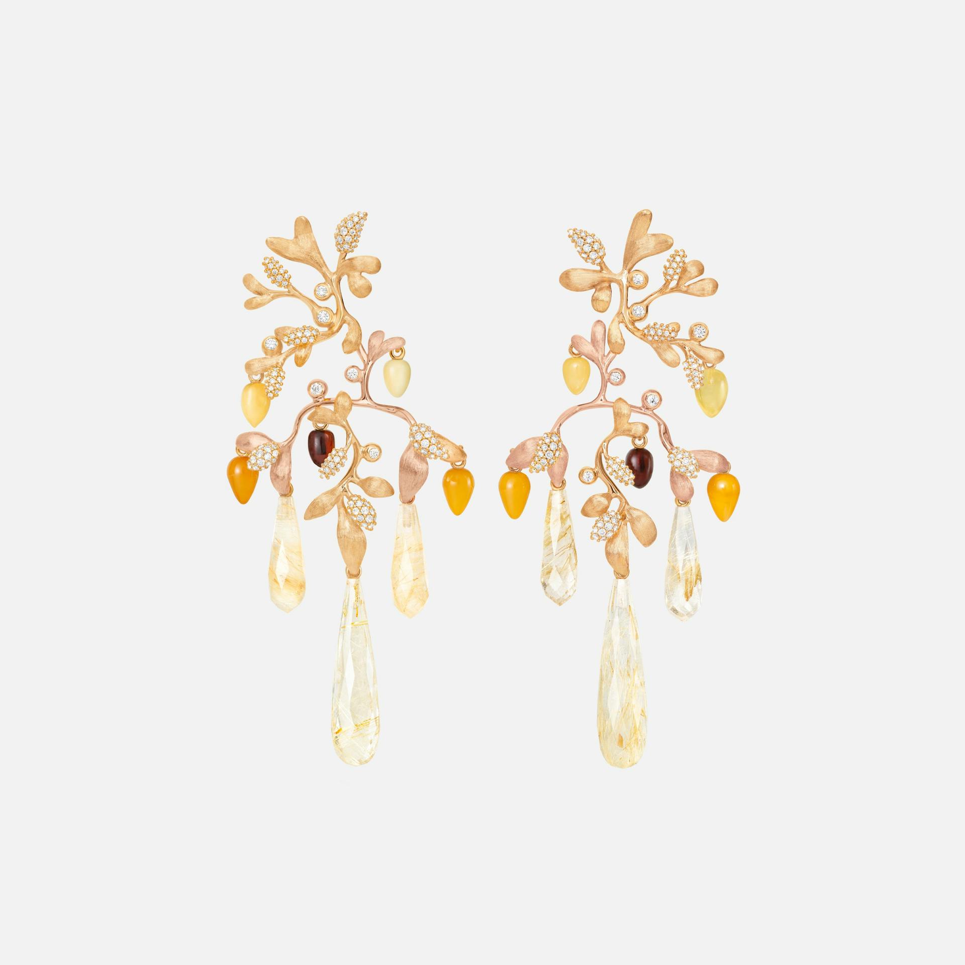 Gipsy øreringe i 18k guld med diamanter, rutilkvarts og rav| Ole Lynggaard Copenhagen