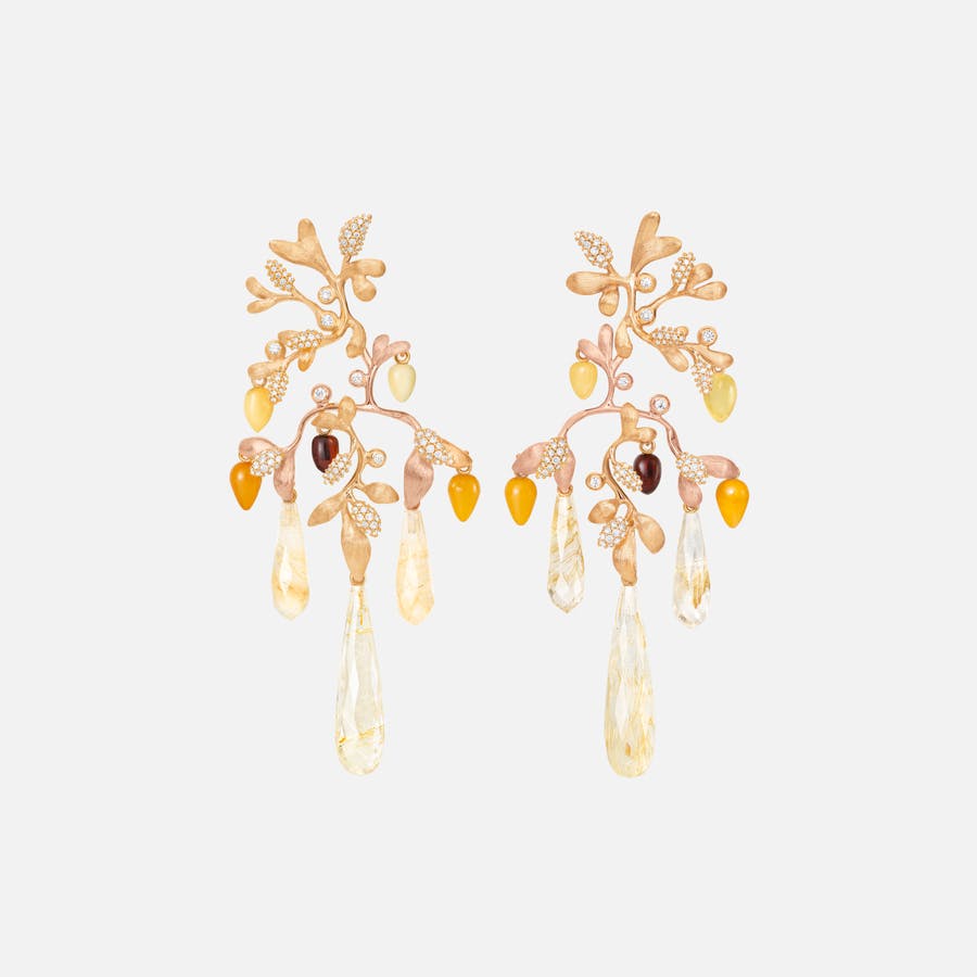 Gipsy Earrings in 18kt Gold w Diamonds, Rutile Quartz & Amber   |  Ole Lynggaard Copenhagen 