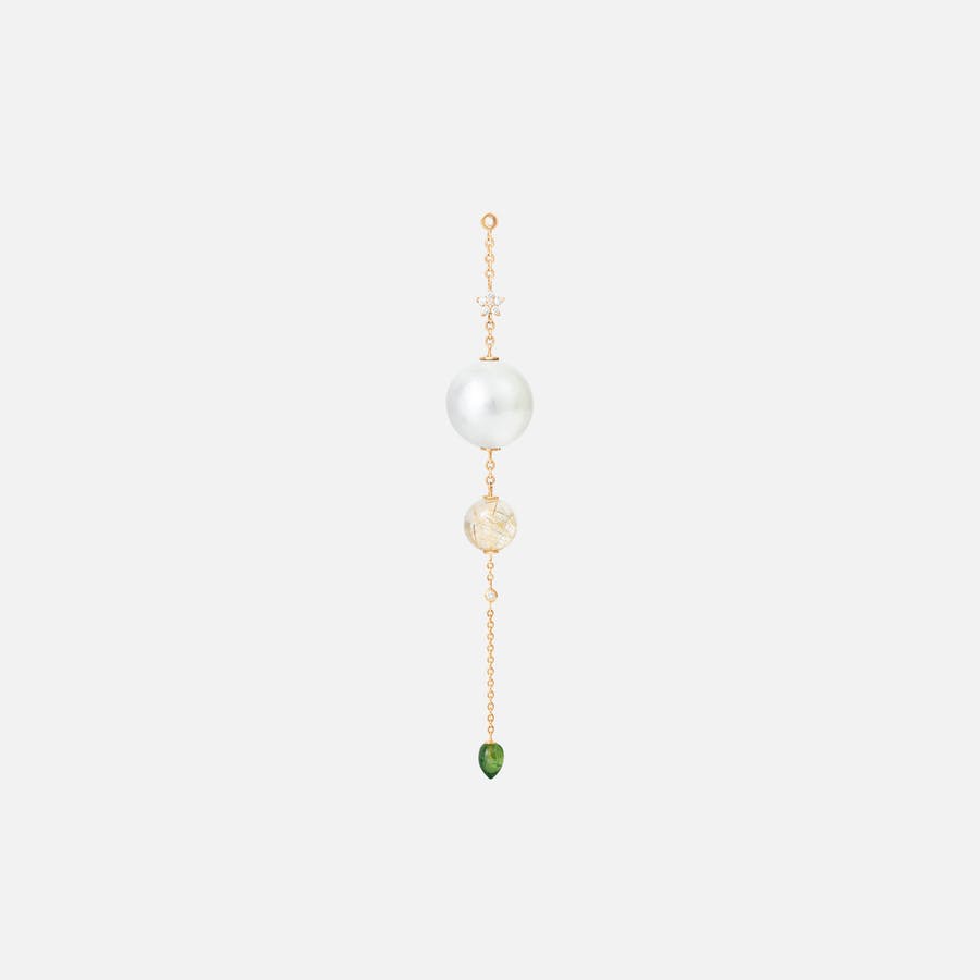 Evil Eye earring Pend.ear Shoot Stars pearl, rutil, green tourma 18k gold with mixed stones and diamonds 0.06 ct. TW. VS.