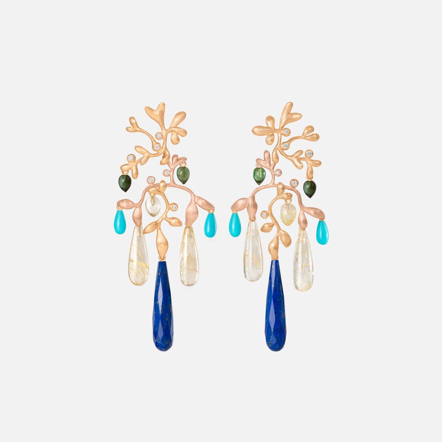 Gold Earrings w Diamonds, Rutile, Turquoise, Lapis Lazuli, Tourmaline   |  Ole Lynggaard Copenhagen 
