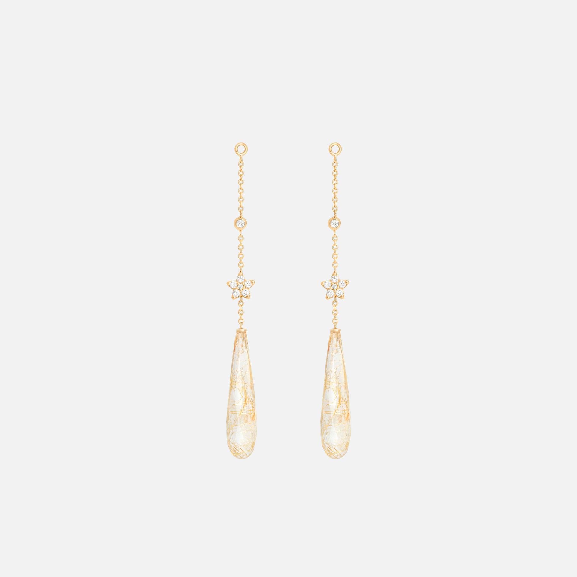 Shooting Stars earring pendants 18k gold and rutile quartz with diamonds 0.12 ct. TW. VS.