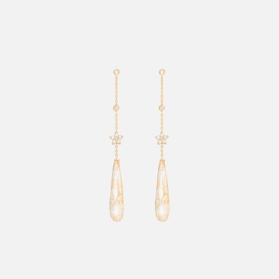 Shooting Stars earring pendants 18k gold and rutile quartz with diamonds 0.12 ct. TW. VS.
