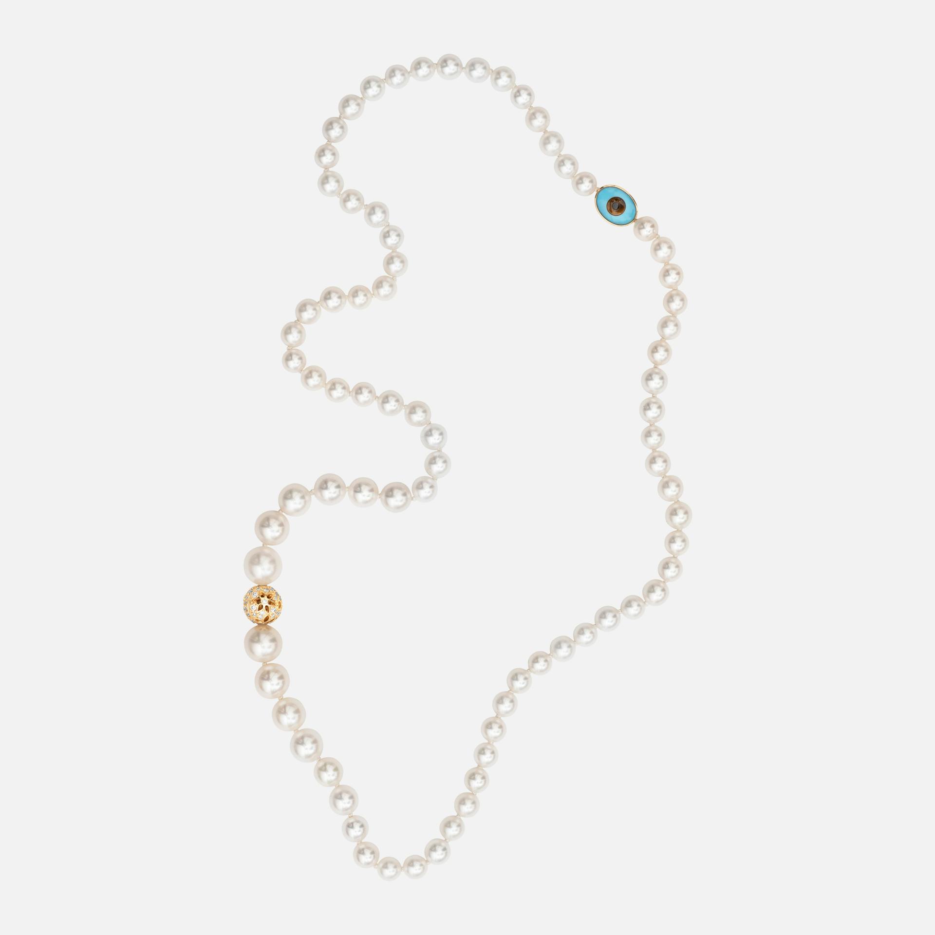 Bead collier without lock Freshwater pearls and evil eye with 18k gold setting
