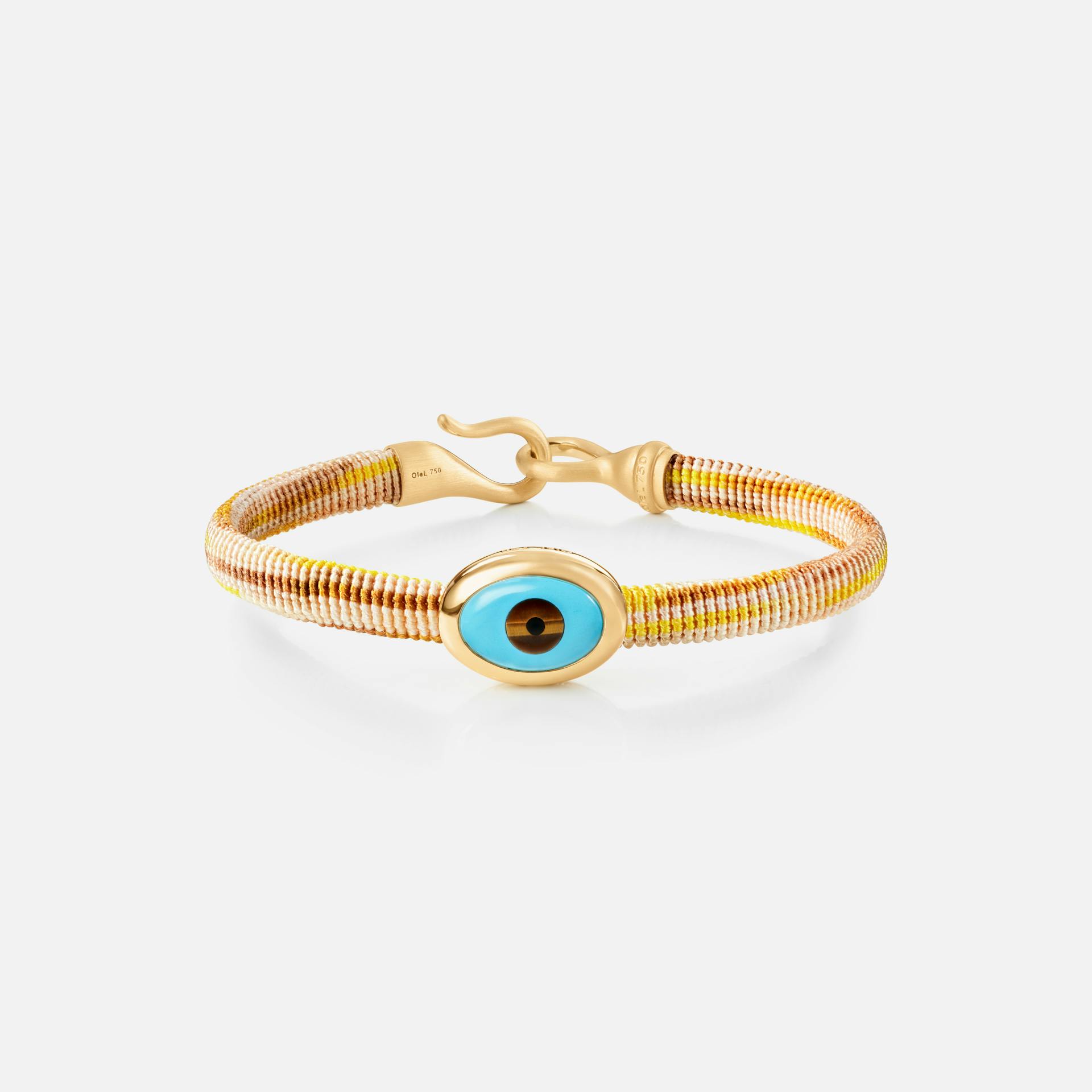 Life Bracelet with evil eye 6 mm 18k gold and turquoise with Golden rope