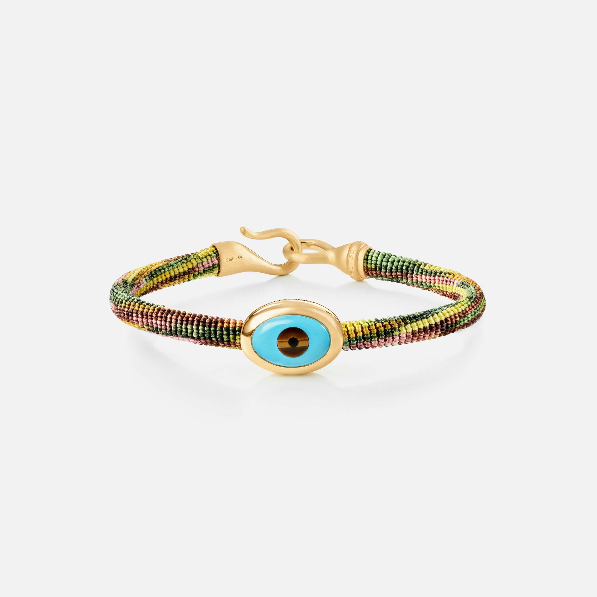 Life Bracelet with evil eye 6 mm 18k gold and turquoise with Plum rope