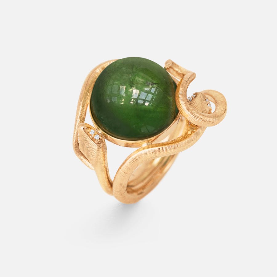 Snakes ring 18k gold with green tourmaline and diamonds 0.04 ct. TW.VS.