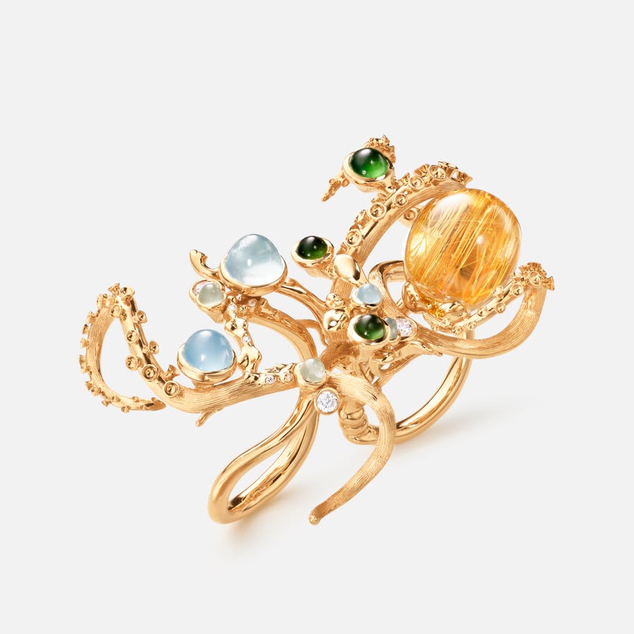 Octopus-Ring aus 18-karätigem Gold mit Aquamarinen, Schlangensteinen, einem großen Rutilquarz und Diamanten | Ole Lynggaard Copenhagen