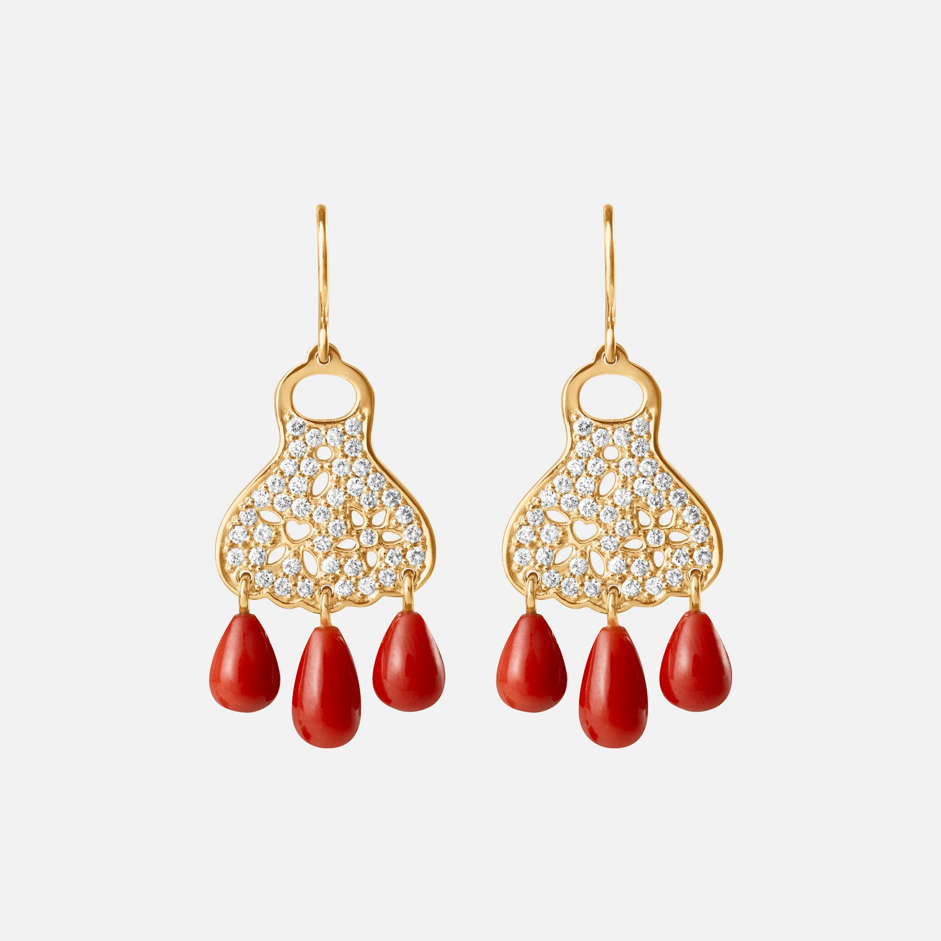 Lace Earrings in Yellow Gold with Diamonds & Red Coral   |  Ole Lynggaard Copenhagen